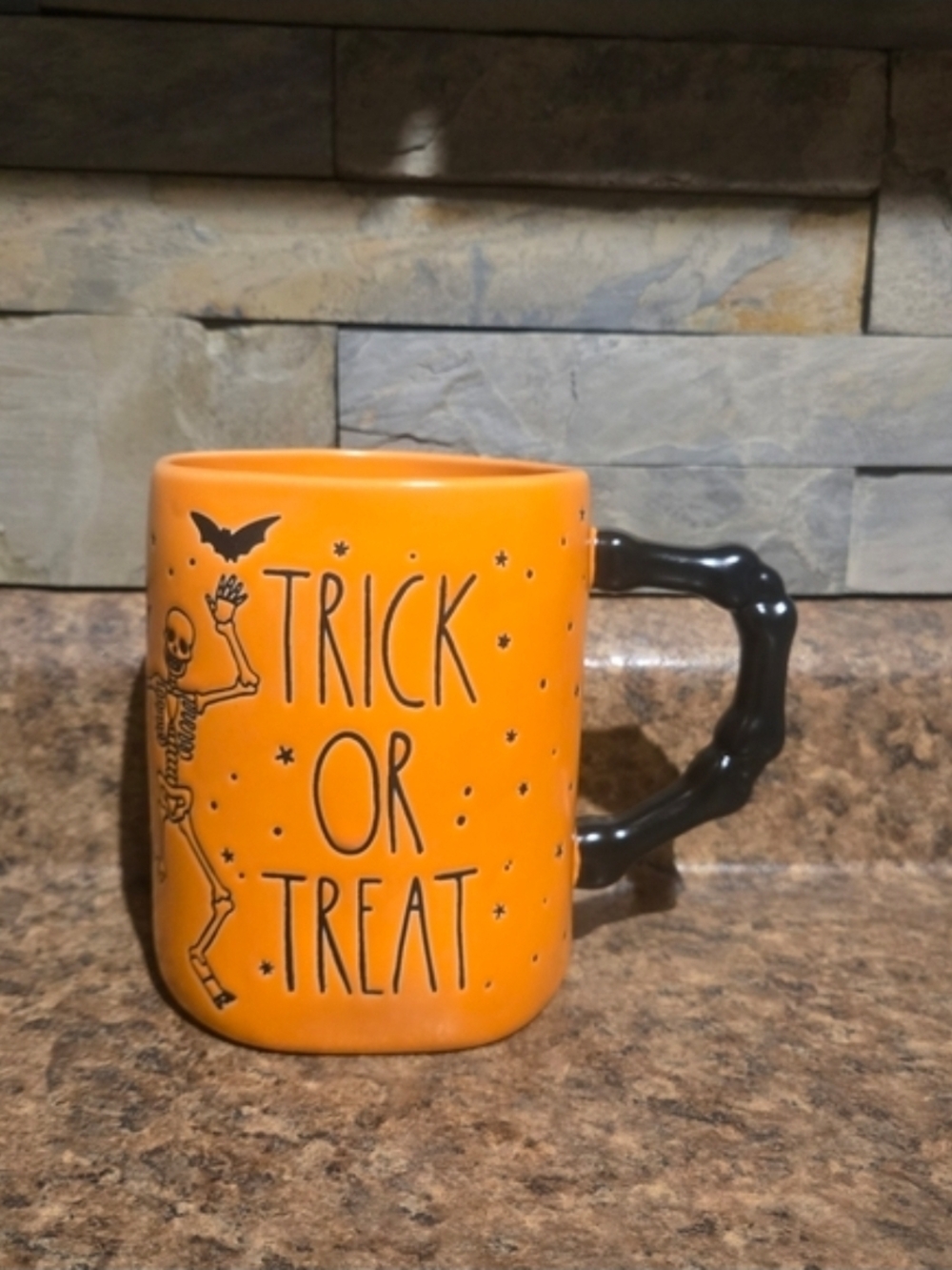 Rae Dunn Orange Halloween Mug with Black Bone Handle